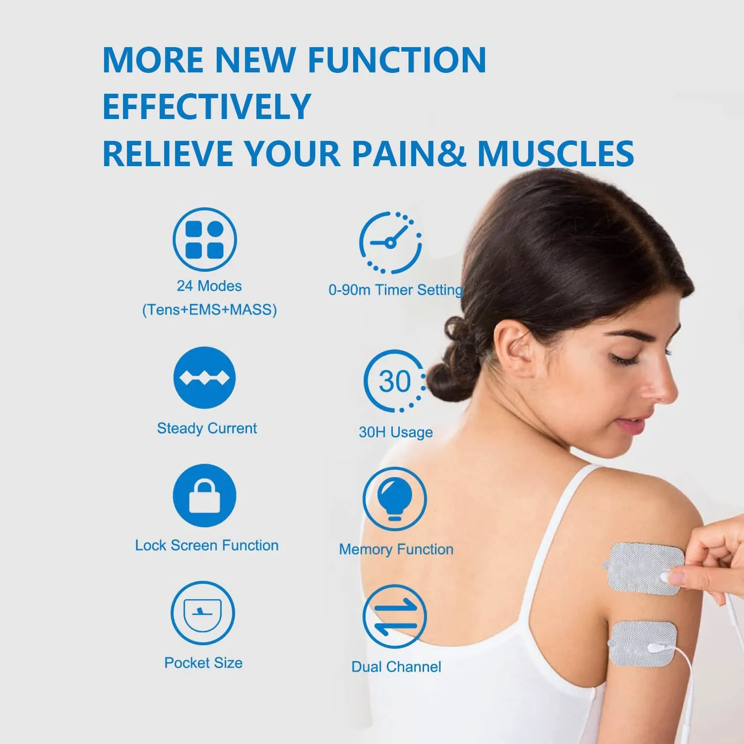 24 Model Tens EMS Muscle Stimulator for Pain Relief, Dual Channel Tens Unit Electric Stimulator Mini Massager Machine with 10Pcs Premium Large Pads for Muscle Strength