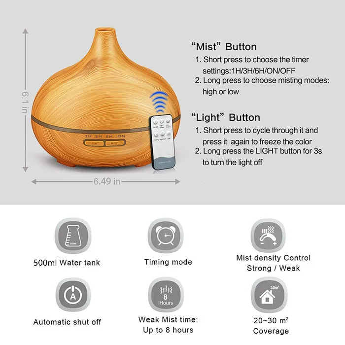 500ml Ultrasonic Humidifier with Remote Control 7 Colors LED