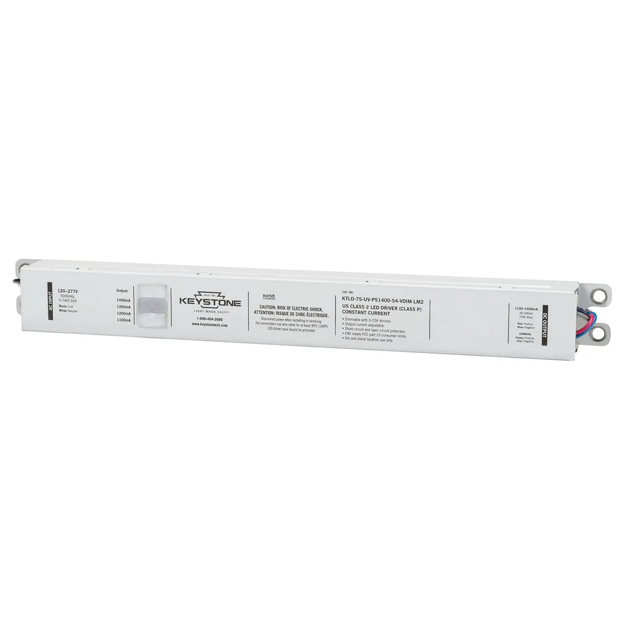 75 Watts LED Driver, Selectable Current 1100-1400mA, 0-10V Dimming, 120-277V