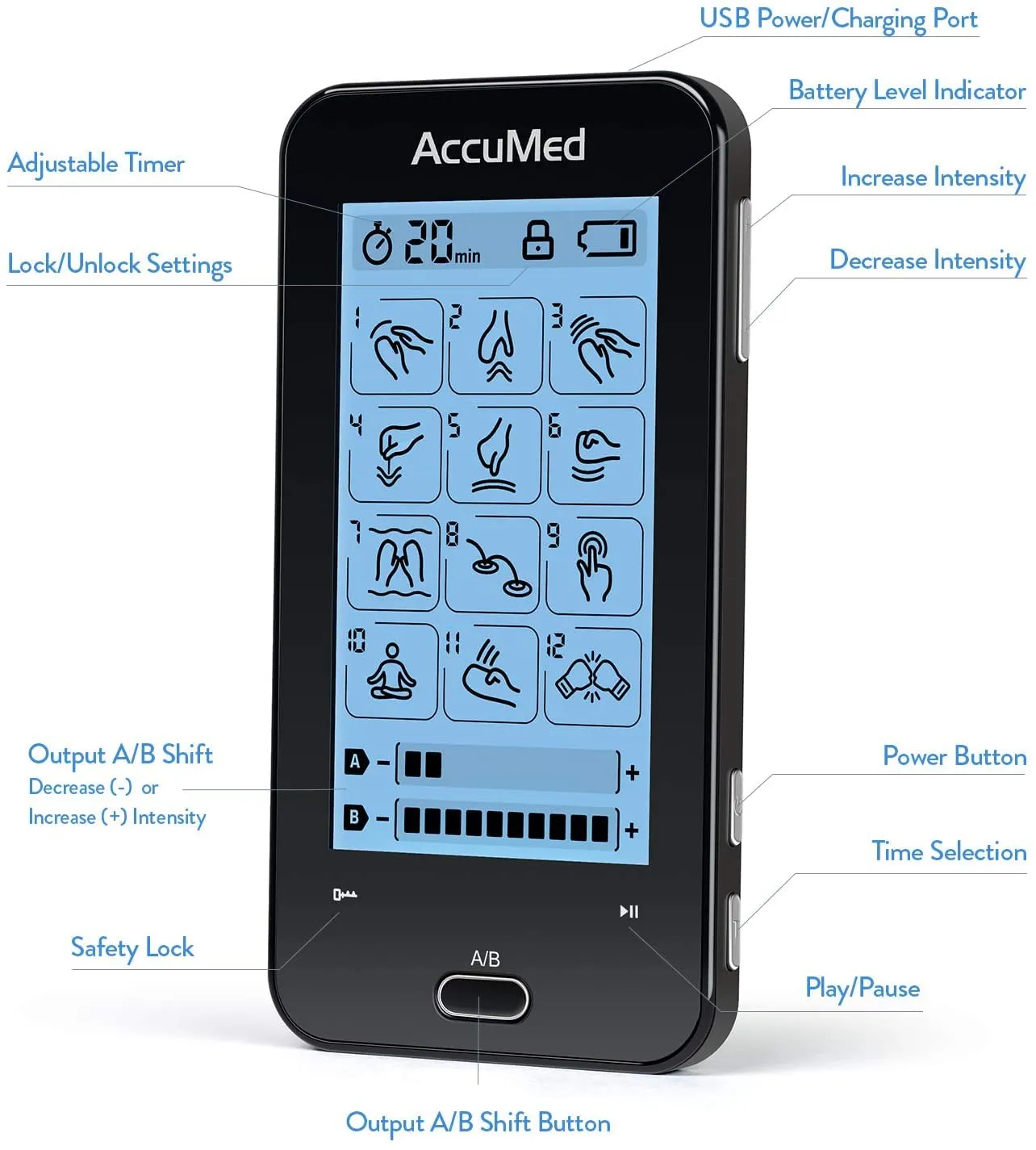 AccuMed TENS Unit Muscle Stimulator & Electronic Pulse Massager with 2 Channels - 12 Modes, Pain Management Device with 20 Intensities for Back, Neck, Acupuncture, 8 Extra Pads Included (AC-AP417)