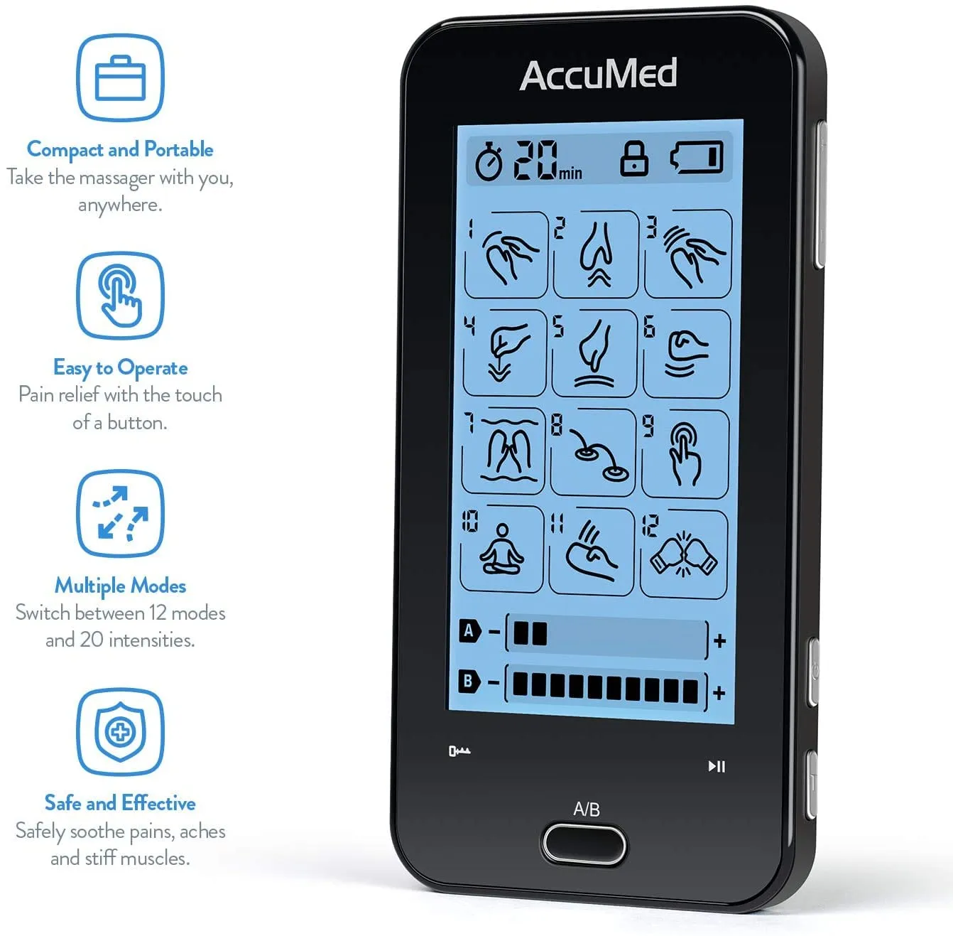 AccuMed TENS Unit Muscle Stimulator & Electronic Pulse Massager with 2 Channels - 12 Modes, Pain Management Device with 20 Intensities for Back, Neck, Acupuncture, 8 Extra Pads Included (AC-AP417)