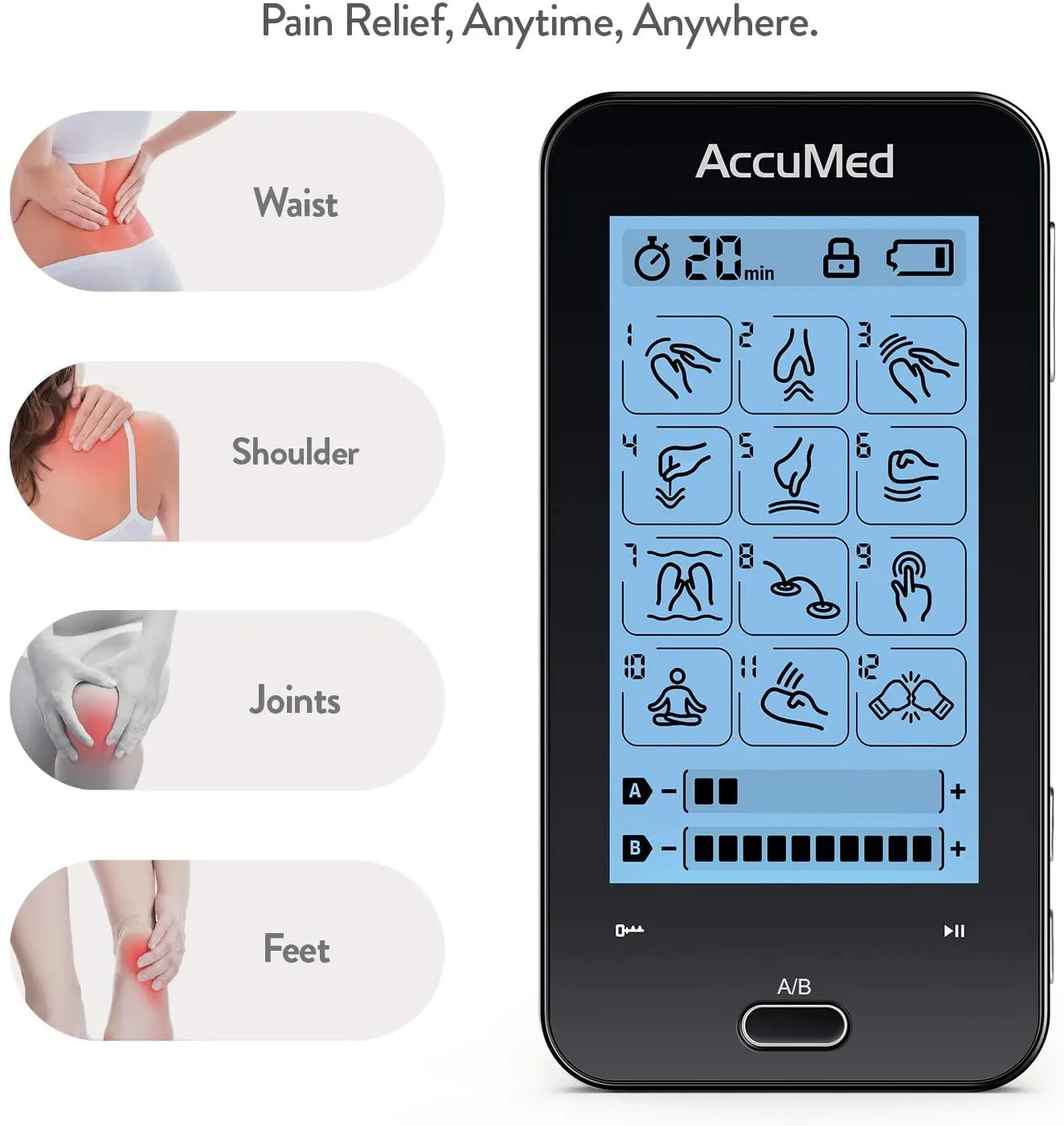 AccuMed TENS Unit Muscle Stimulator & Electronic Pulse Massager with 2 Channels - 12 Modes, Pain Management Device with 20 Intensities for Back, Neck, Acupuncture, 8 Extra Pads Included (AC-AP417)