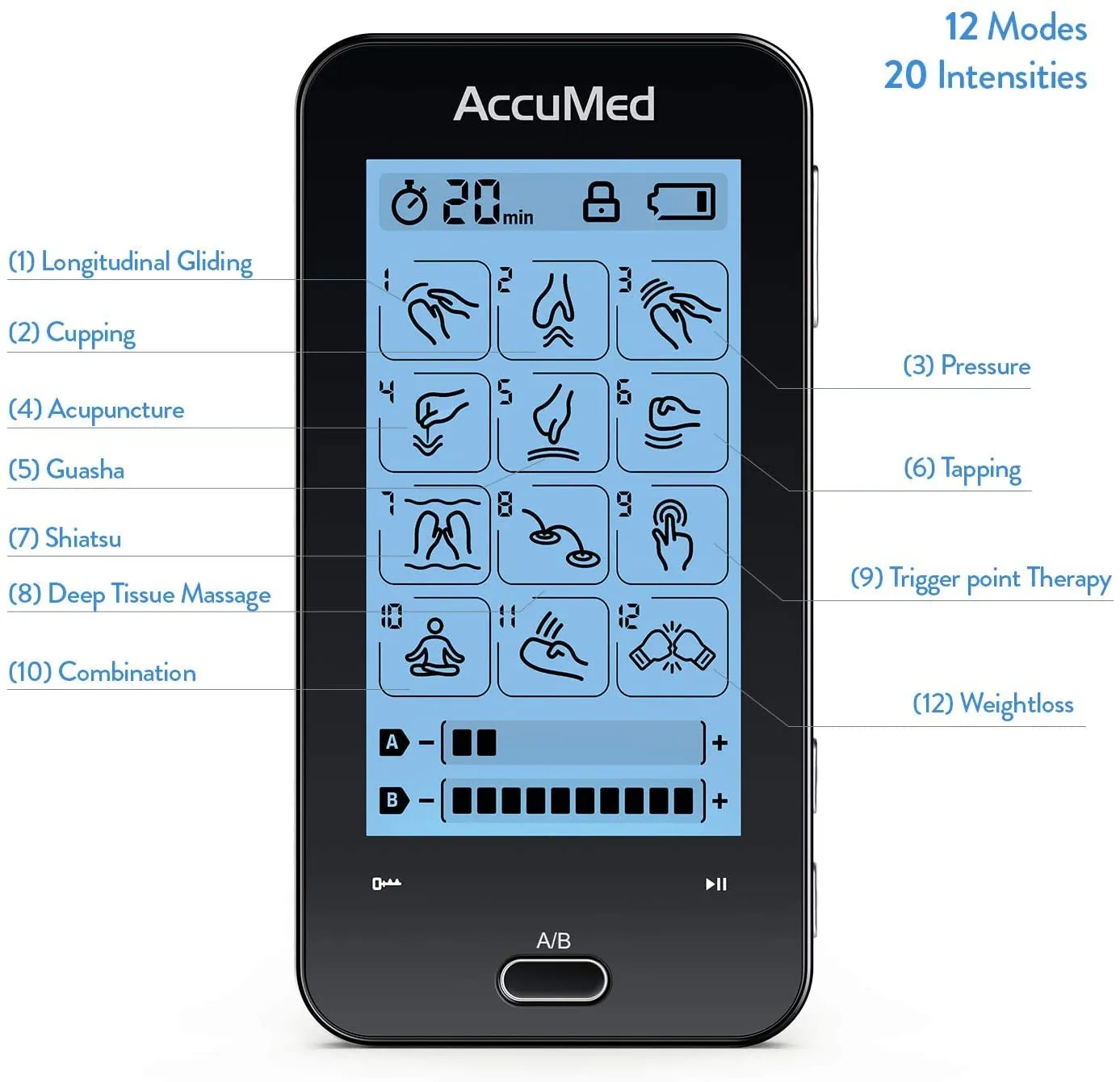 AccuMed TENS Unit Muscle Stimulator & Electronic Pulse Massager with 2 Channels - 12 Modes, Pain Management Device with 20 Intensities for Back, Neck, Acupuncture, 8 Extra Pads Included (AC-AP417)