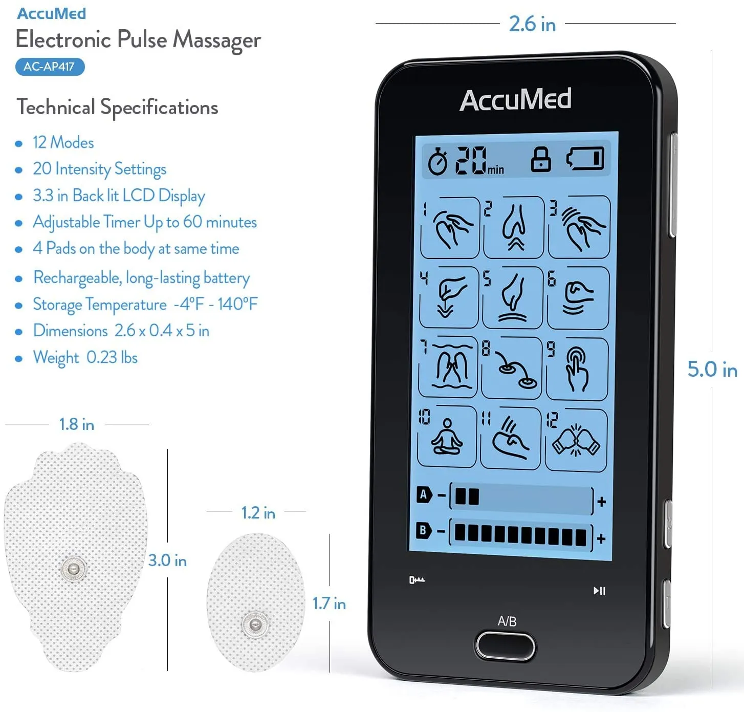 AccuMed TENS Unit Muscle Stimulator & Electronic Pulse Massager with 2 Channels - 12 Modes, Pain Management Device with 20 Intensities for Back, Neck, Acupuncture, 8 Extra Pads Included (AC-AP417)