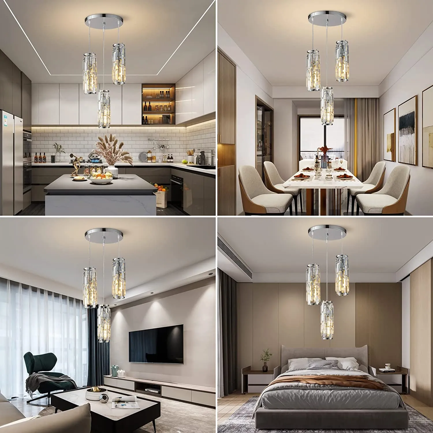 Adjustable Modern Pendant Light: Elegant Crystal Chandeliers for Kitchen Island, Dining Room, and Bedroom in Black Chrome Finish.
