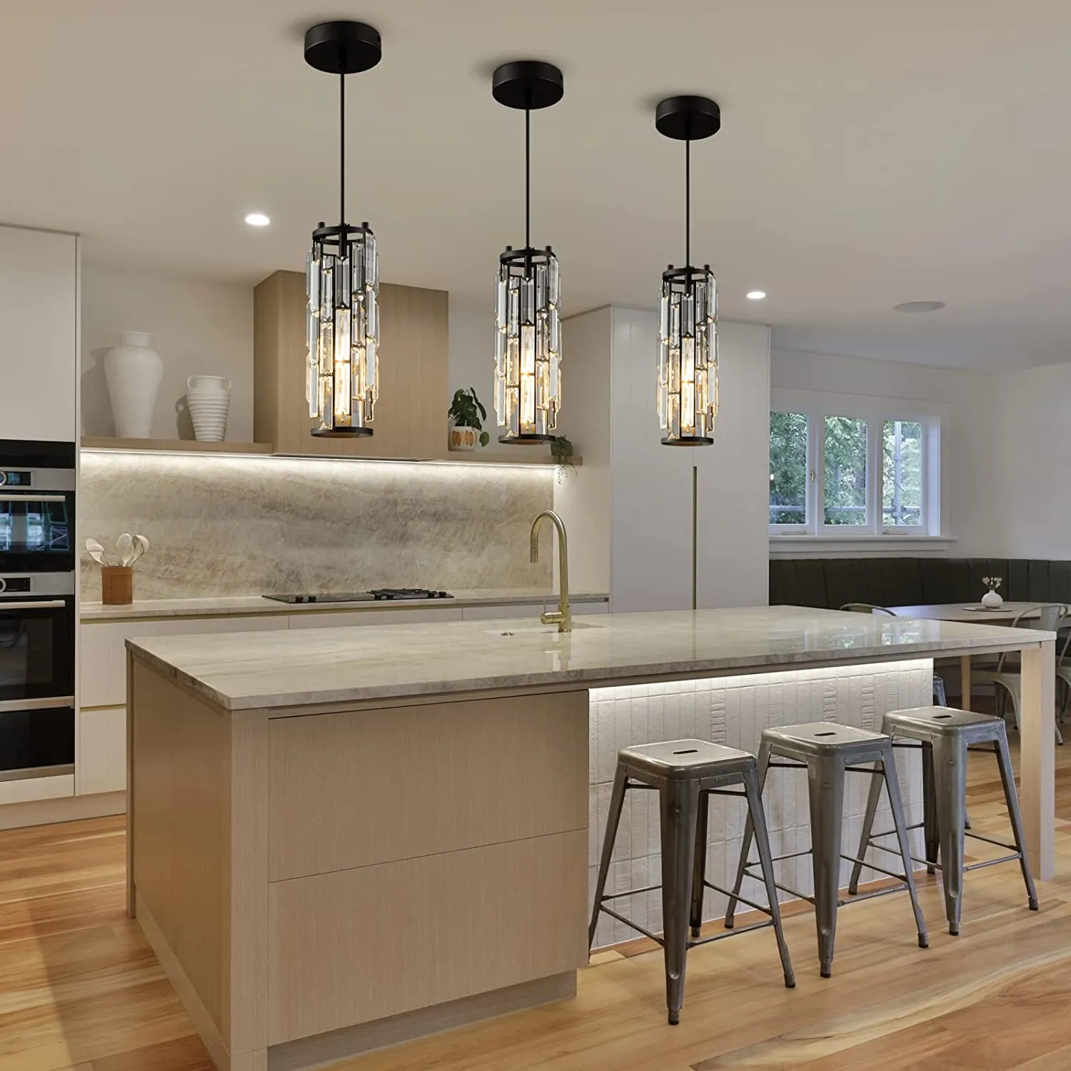 Adjustable Modern Pendant Light: Elegant Crystal Chandeliers for Kitchen Island, Dining Room, and Bedroom in Black Chrome Finish.