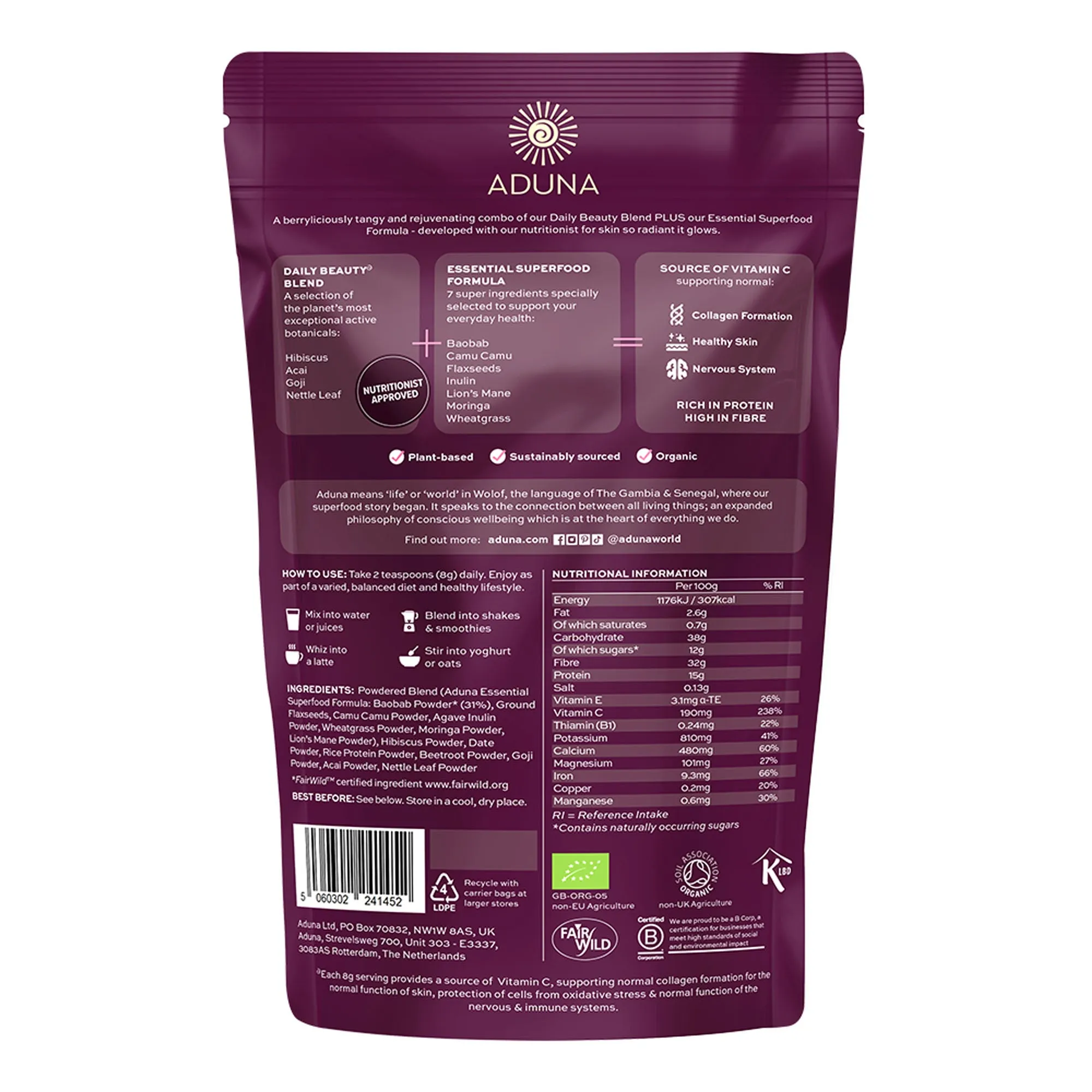 Aduna Beauty Advanced Superfood Blend – Tangy Berry (250g)