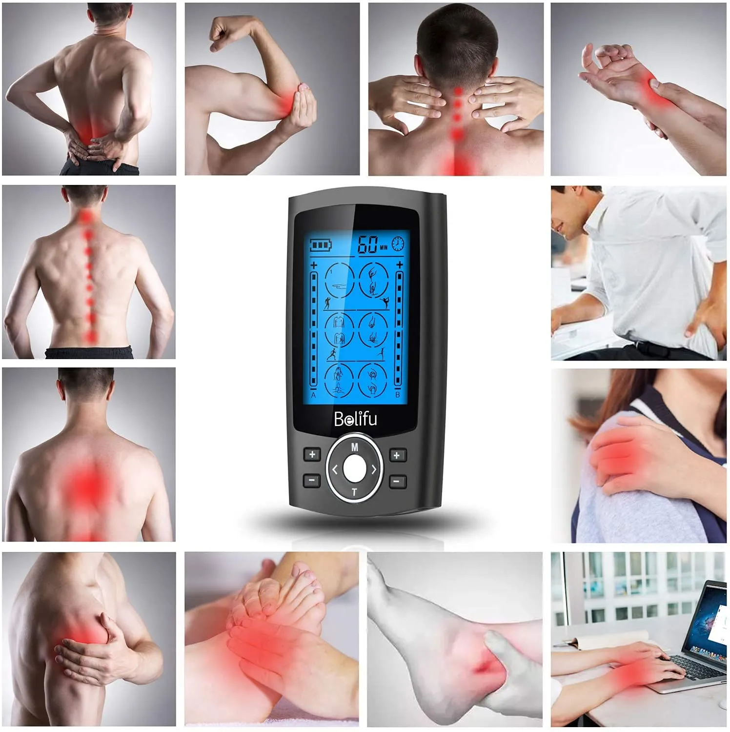 Belifu Dual Channel TENS EMS Unit 24 Modes Muscle Stimulator for Pain Relief Therapy, Electronic Pulse Massager Muscle Massager with 10 Pads, Dust-Proof Drawstring Storage Bag，Fastening Cable Ties… Black