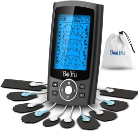 Belifu Dual Channel TENS EMS Unit 24 Modes Muscle Stimulator for Pain Relief Therapy, Electronic Pulse Massager Muscle Massager with 10 Pads, Dust-Proof Drawstring Storage Bag，Fastening Cable Ties… Black