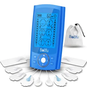 Belifu Dual Channel TENS EMS Unit 24 Modes Muscle Stimulator for Pain Relief Therapy, Electronic Pulse Massager Muscle Massager with 10 Pads, Dust-Proof Drawstring Storage Bag，Fastening Cable Ties… Blue
