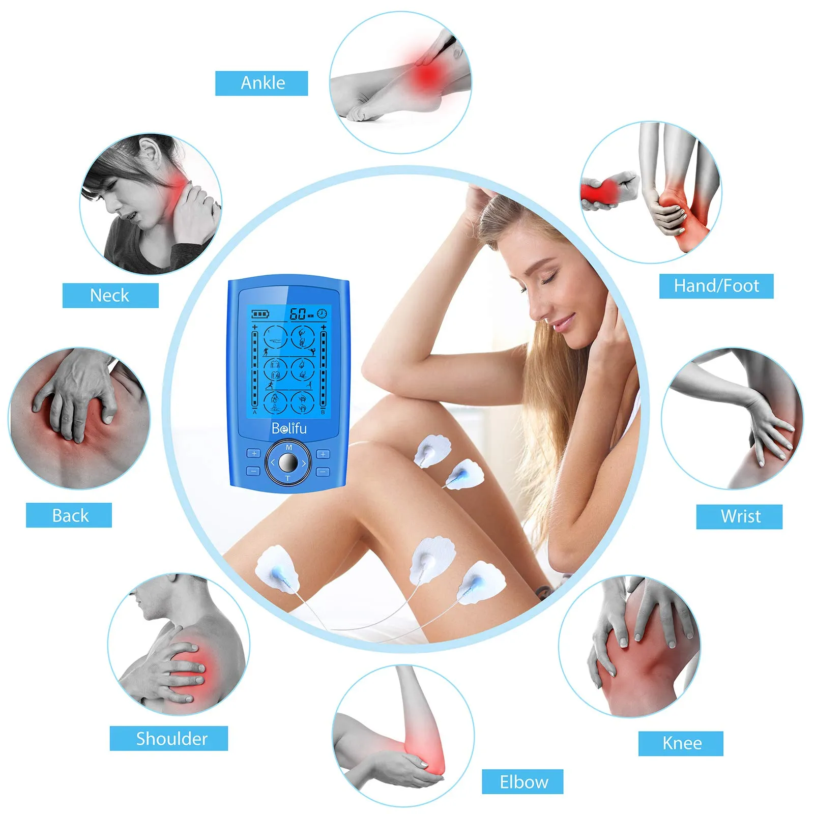 Belifu Dual Channel TENS EMS Unit 24 Modes Muscle Stimulator for Pain Relief Therapy, Electronic Pulse Massager Muscle Massager with 10 Pads, Dust-Proof Drawstring Storage Bag，Fastening Cable Ties… Blue