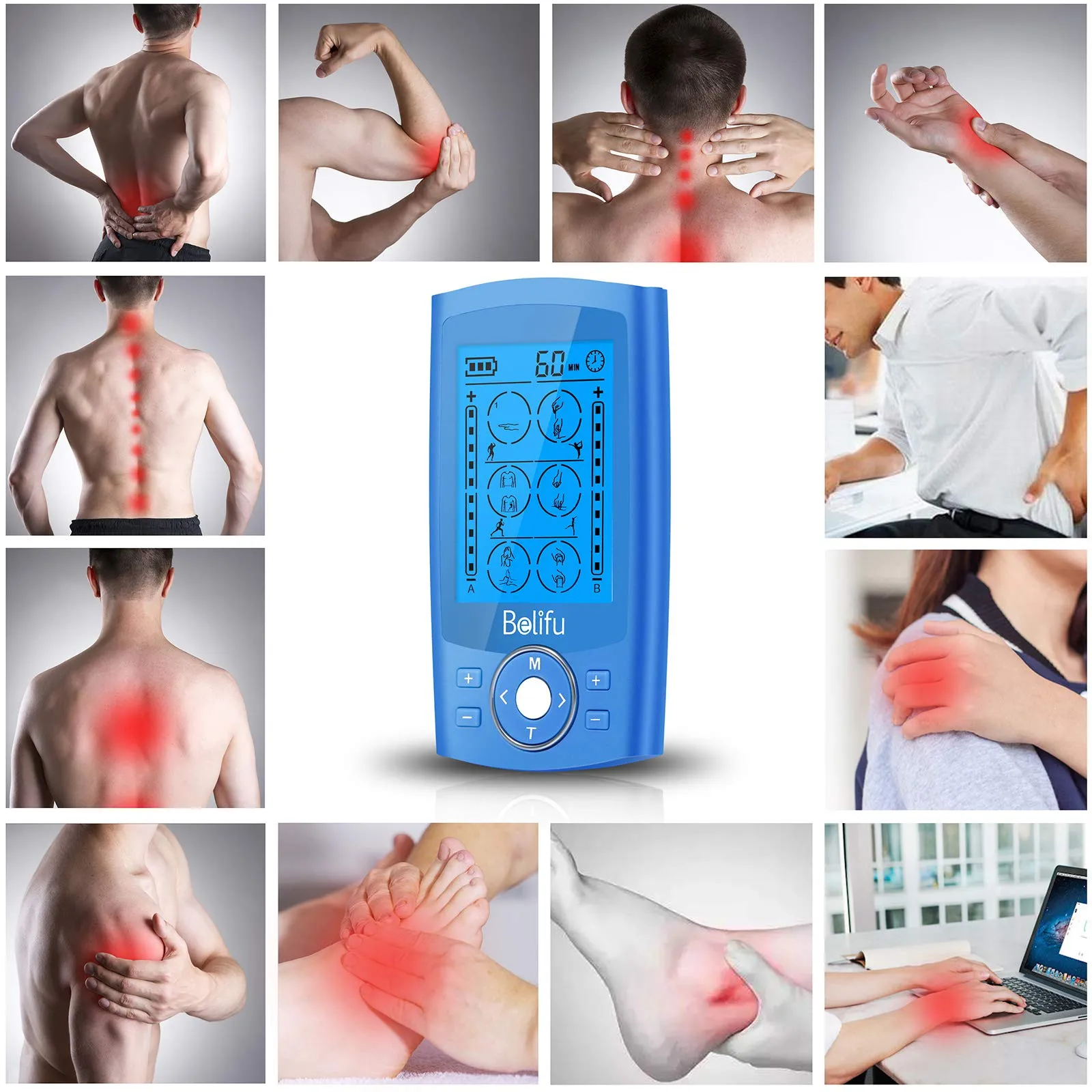 Belifu Dual Channel TENS EMS Unit 24 Modes Muscle Stimulator for Pain Relief Therapy, Electronic Pulse Massager Muscle Massager with 10 Pads, Dust-Proof Drawstring Storage Bag，Fastening Cable Ties… Blue