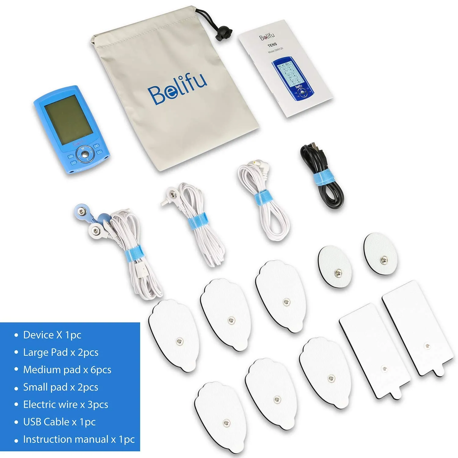 Belifu Dual Channel TENS EMS Unit 24 Modes Muscle Stimulator for Pain Relief Therapy, Electronic Pulse Massager Muscle Massager with 10 Pads, Dust-Proof Drawstring Storage Bag，Fastening Cable Ties… Blue