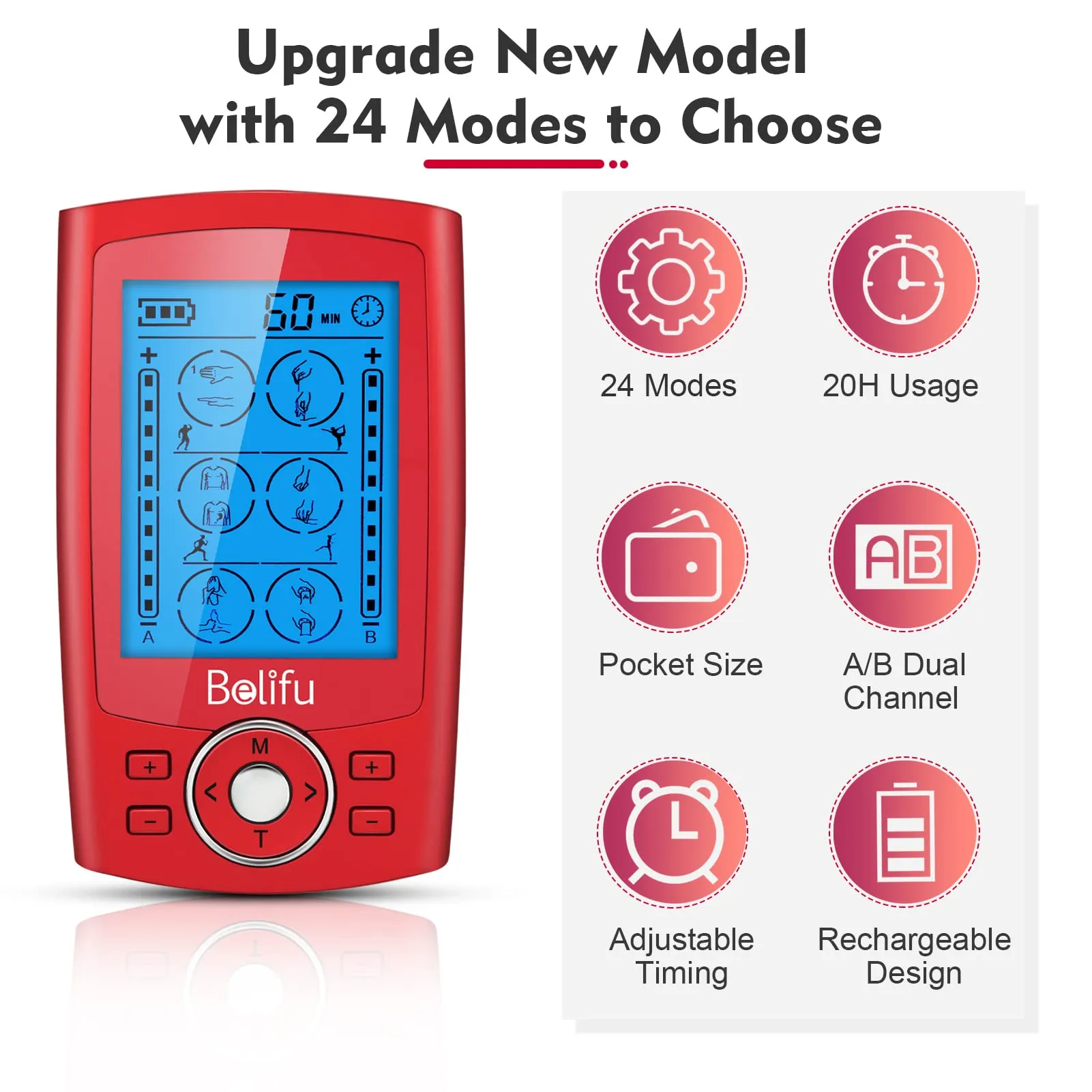 Belifu Dual Channel TENS EMS Unit 24 Modes Muscle Stimulator for Pain Relief Therapy, Electronic Pulse Massager Muscle Massager with 10 Pads, Dust-Proof Drawstring Storage Bag，Fastening Cable Ties Red