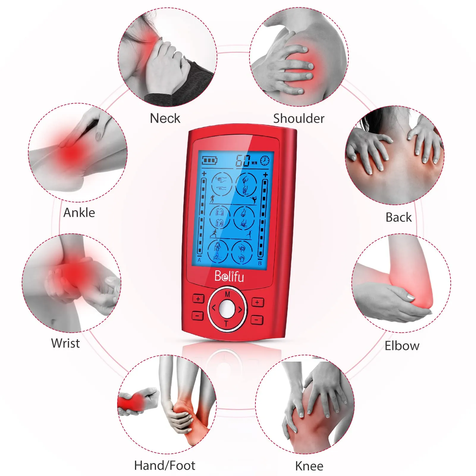 Belifu Dual Channel TENS EMS Unit 24 Modes Muscle Stimulator for Pain Relief Therapy, Electronic Pulse Massager Muscle Massager with 10 Pads, Dust-Proof Drawstring Storage Bag，Fastening Cable Ties Red