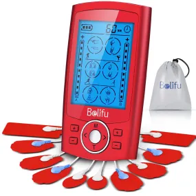 Belifu Dual Channel TENS EMS Unit 24 Modes Muscle Stimulator for Pain Relief Therapy, Electronic Pulse Massager Muscle Massager with 10 Pads, Dust-Proof Drawstring Storage Bag，Fastening Cable Ties Red