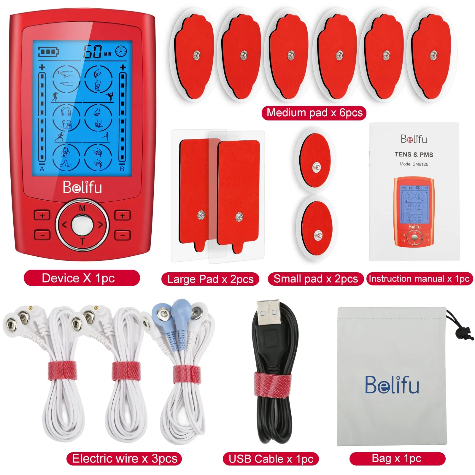 Belifu Dual Channel TENS EMS Unit 24 Modes Muscle Stimulator for Pain Relief Therapy, Electronic Pulse Massager Muscle Massager with 10 Pads, Dust-Proof Drawstring Storage Bag，Fastening Cable Ties Red