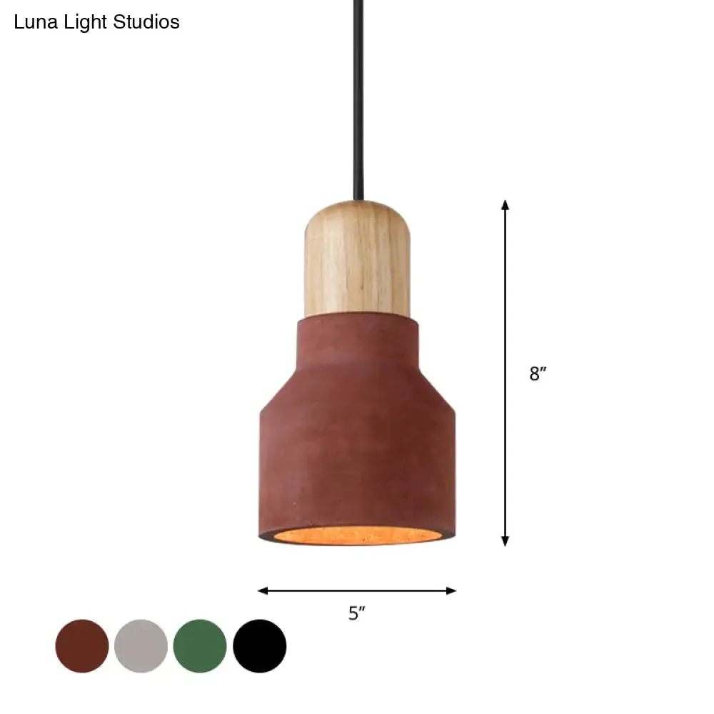 Cement Bottle Small Hanging Lamp Macaron Single Red/Grey/Green Ceiling Pendant Light with Wood Top