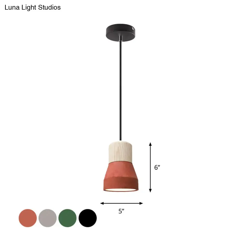 Cement Bottle Small Hanging Lamp Macaron Single Red/Grey/Green Ceiling Pendant Light with Wood Top