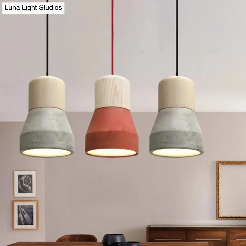 Cement Bottle Small Hanging Lamp Macaron Single Red/Grey/Green Ceiling Pendant Light with Wood Top