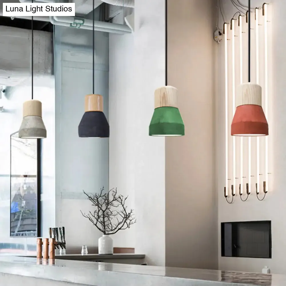 Cement Bottle Small Hanging Lamp Macaron Single Red/Grey/Green Ceiling Pendant Light with Wood Top