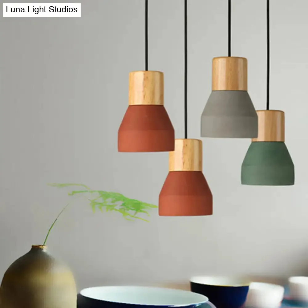 Cement Bottle Small Hanging Lamp Macaron Single Red/Grey/Green Ceiling Pendant Light with Wood Top