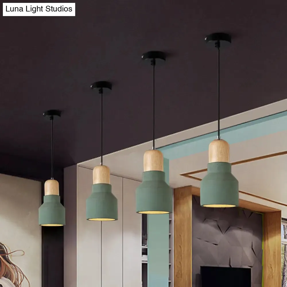 Cement Bottle Small Hanging Lamp Macaron Single Red/Grey/Green Ceiling Pendant Light with Wood Top