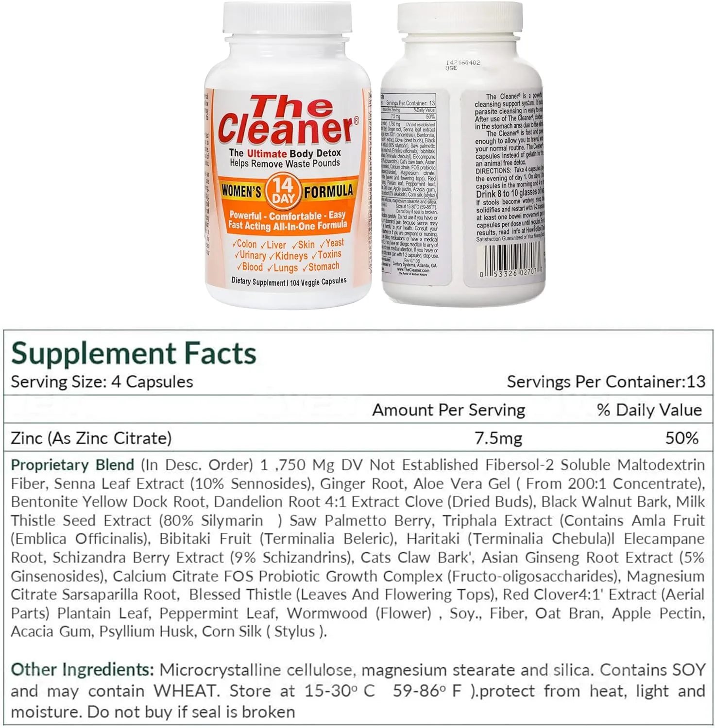 Century Systems, The Cleaner Detox, Powerful 14-Day Complete Internal Cleansing Formula for Women, Support Digestive Health, 104 Vegetarian Capsules
