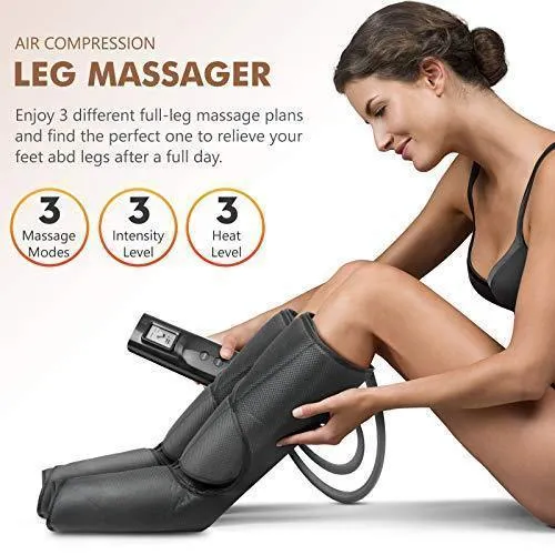 Cunmiso Leg Air Compression Massager with LCD Handheld Controller for Circulation and Relaxation, Foot and Calf Massage Machine with 3 Heat Modes 3 Intensities, 2 Extensions Wraps for Men and Women