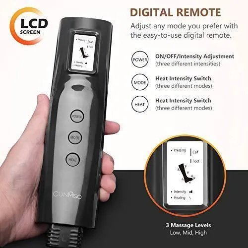 Cunmiso Leg Air Compression Massager with LCD Handheld Controller for Circulation and Relaxation, Foot and Calf Massage Machine with 3 Heat Modes 3 Intensities, 2 Extensions Wraps for Men and Women