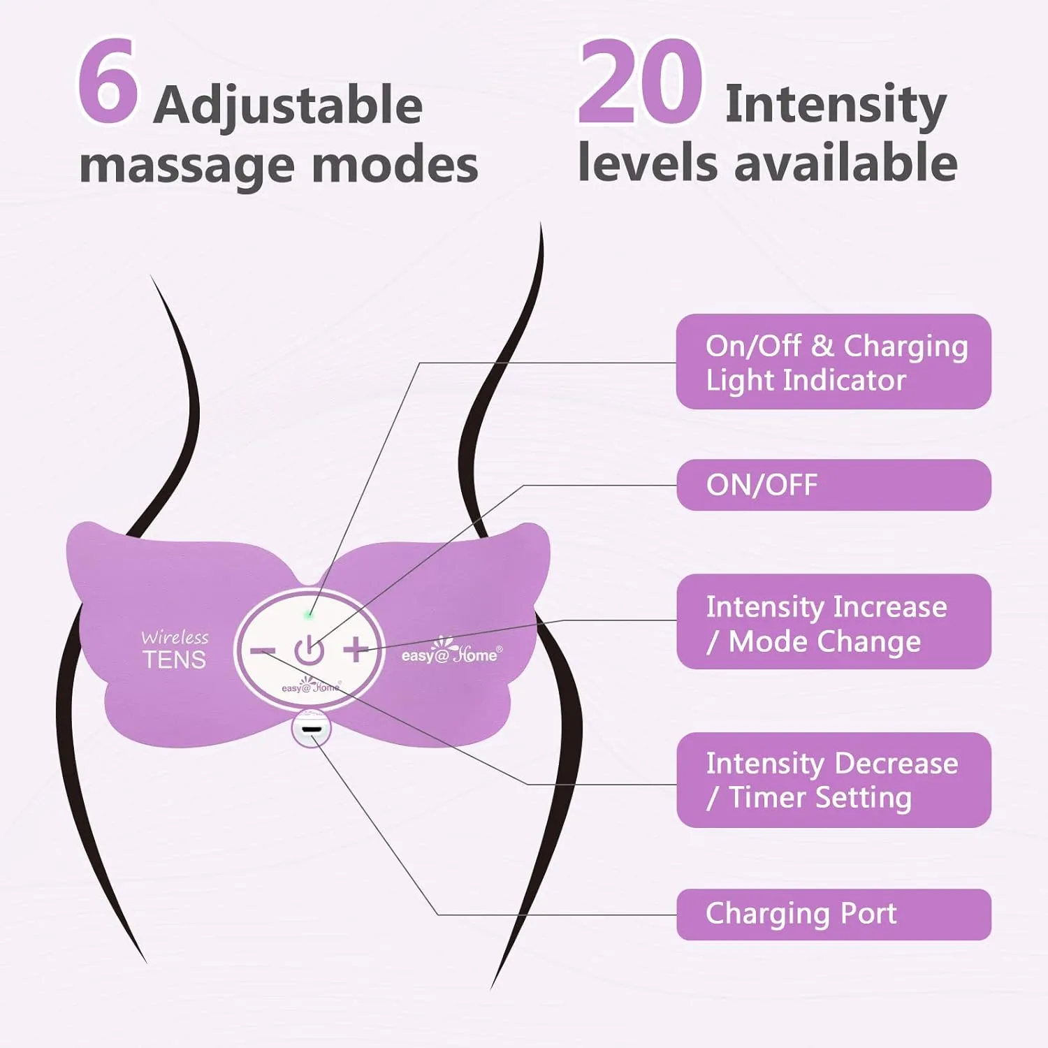 Easy@Home Electronic Pain Relief Stimulator: TENS Unit Wireless Muscle Stimulator | PMS Massage Therapy Machine | Portable Electrode Pads | FSA Eligible 6 Modes 20 Intensities EHE019