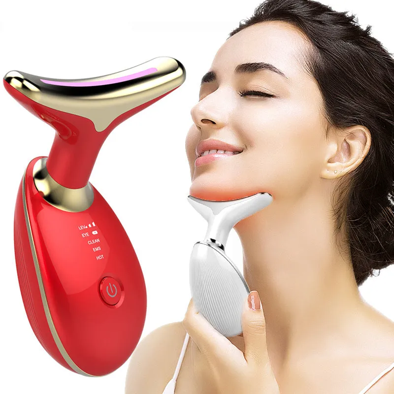 EMS Thermal Neck Lifting and Tightening Massager: Electric Microcurrent Wrinkle Remover LED Photon Face Beauty Device for Women.