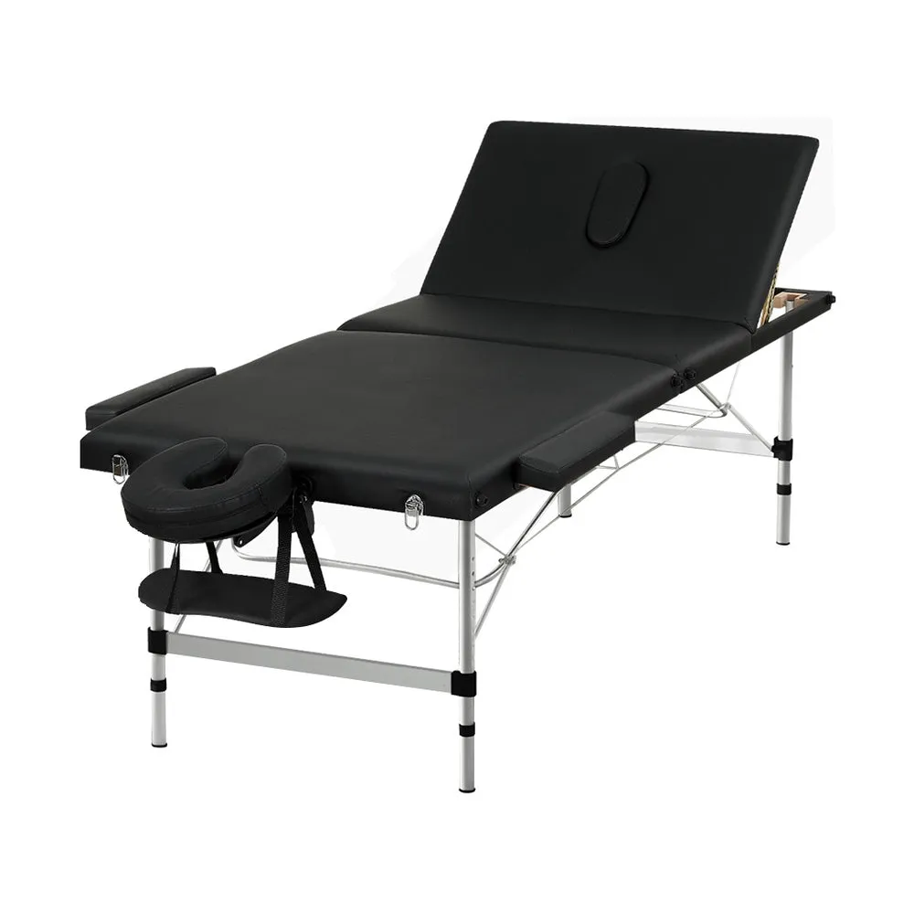 Massage Table 85cm Portable 3 Fold Aluminium Beauty Bed - Black