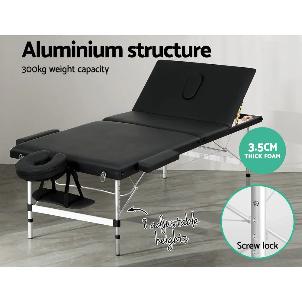 Massage Table 85cm Portable 3 Fold Aluminium Beauty Bed - Black