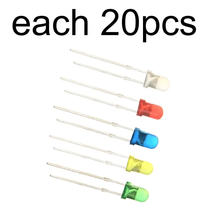 MCIGICM 100pcs 5mm LED diode Light Assorted Kit DIY LEDs Set White Yellow Red Green Blue electronic diy kit Hot sale