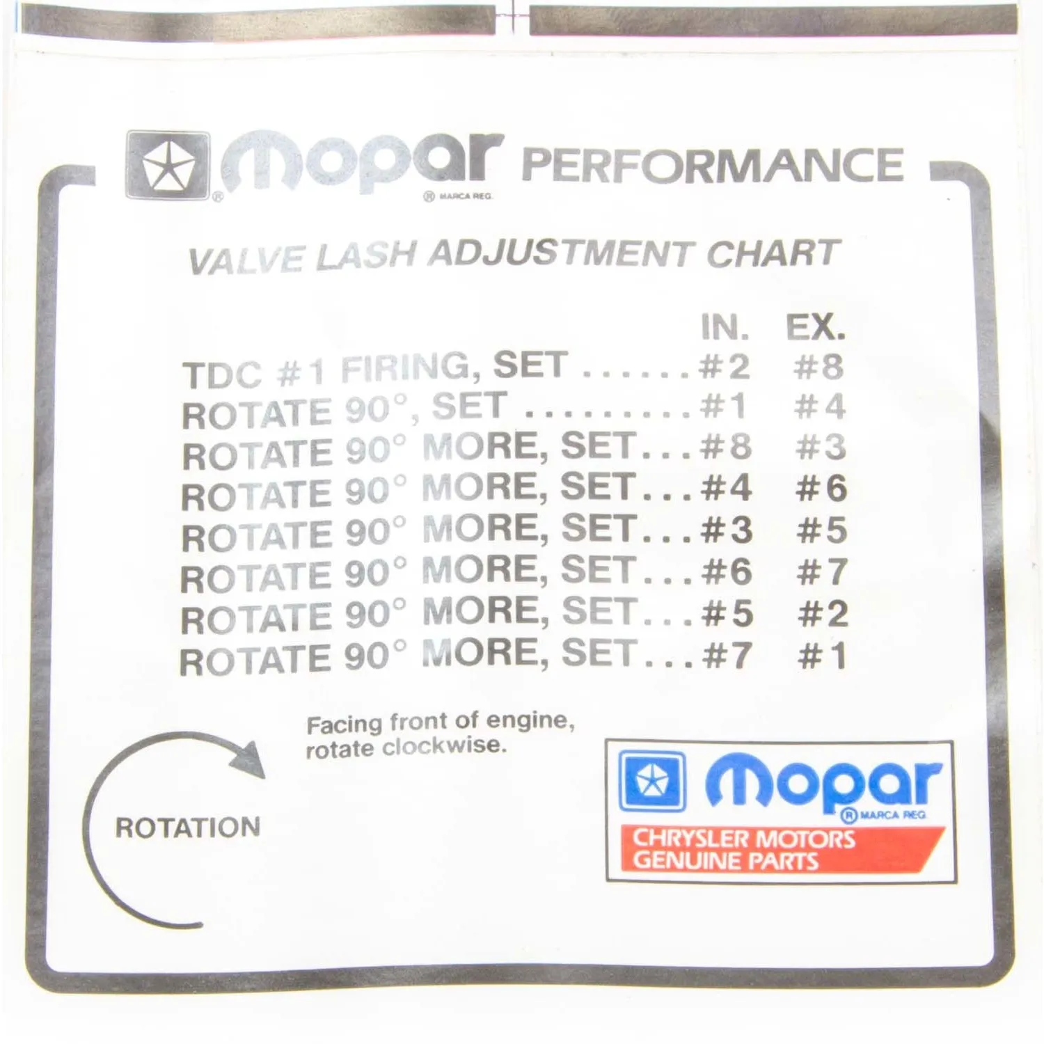 MOPAR Performance Valve Lash Adjustment Chart Information Sticker
