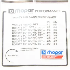 MOPAR Performance Valve Lash Adjustment Chart Information Sticker