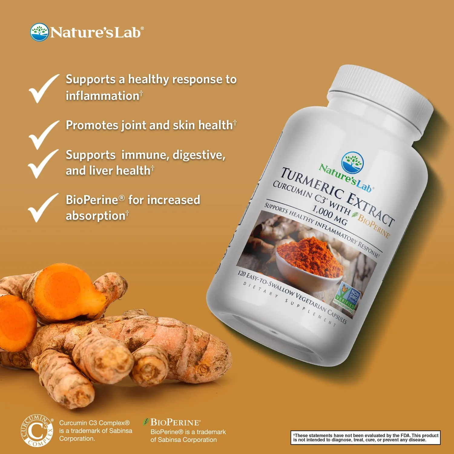 Nature's Lab Turmeric Extract with Curcumin C3 and BioPerine  - 120 Capsules