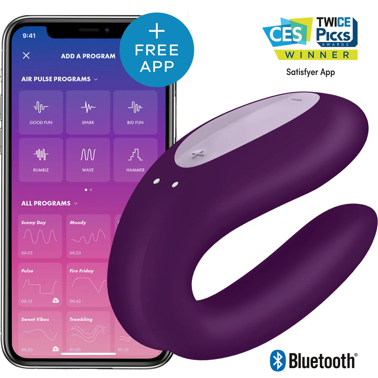 Enhanced Purple Satisfyer Double Joy Silicone Wearable Couples Vibrator with App-Controlled Dual Stimulation