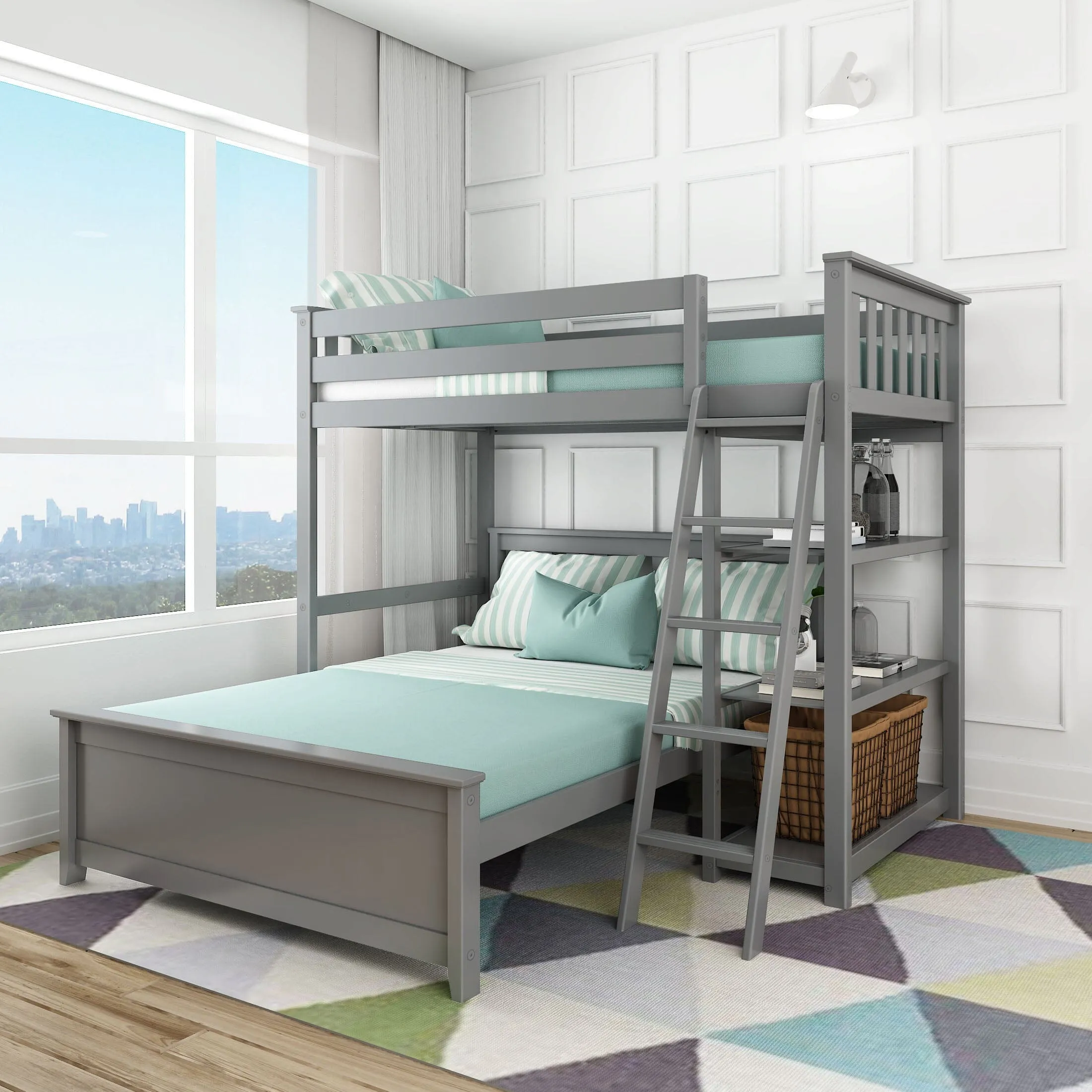 Twin Over Full L-Shaped Bunk Bed With Bookcase