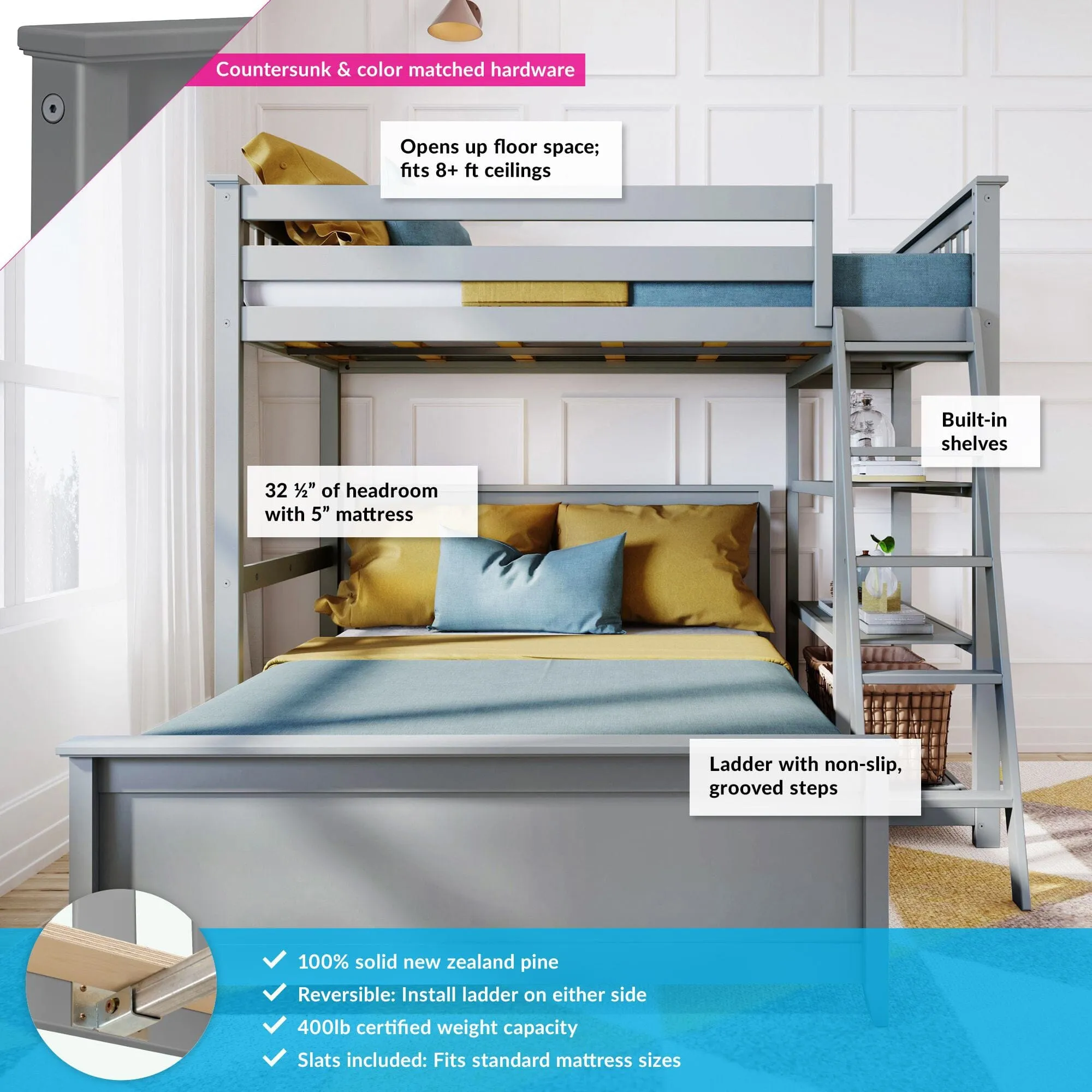 Twin Over Full L-Shaped Bunk Bed With Bookcase