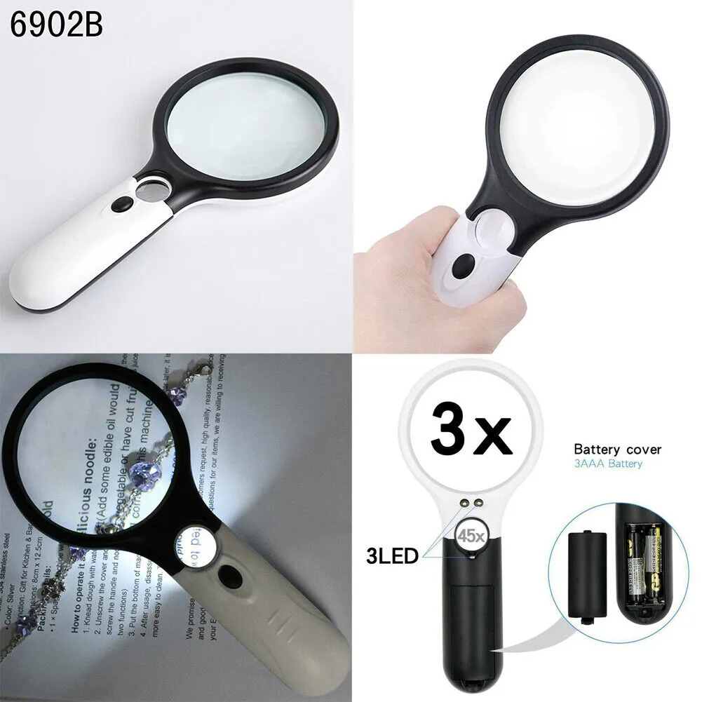 US 2-4 Pc 3-LED Light Magnifier Jewelry Loupe Lens 45X Handheld Magnifying Glass
