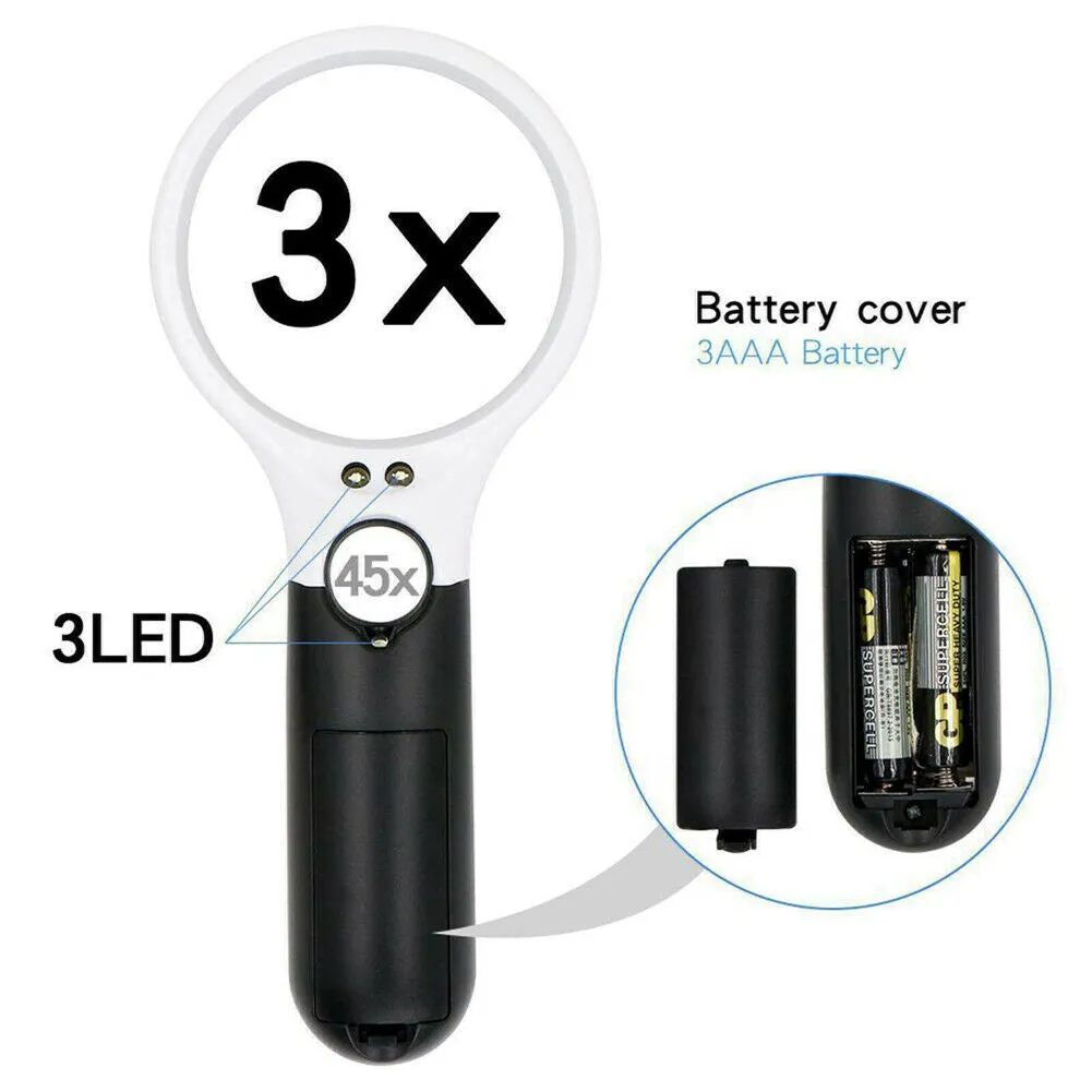 US 2-4 Pc 3-LED Light Magnifier Jewelry Loupe Lens 45X Handheld Magnifying Glass