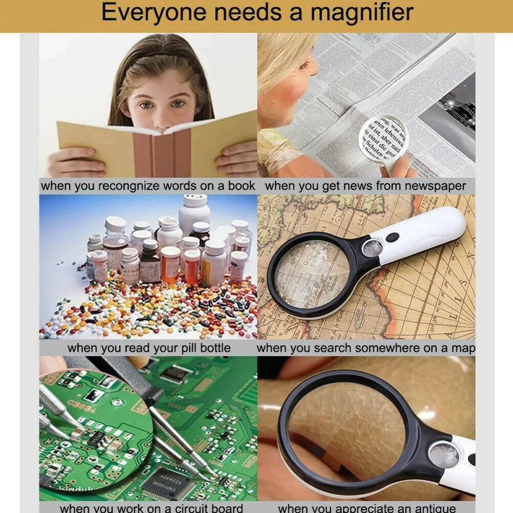 US 2-4 Pc 3-LED Light Magnifier Jewelry Loupe Lens 45X Handheld Magnifying Glass