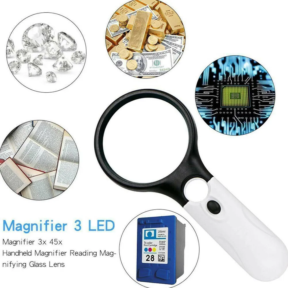 US 2-4 Pc 3-LED Light Magnifier Jewelry Loupe Lens 45X Handheld Magnifying Glass